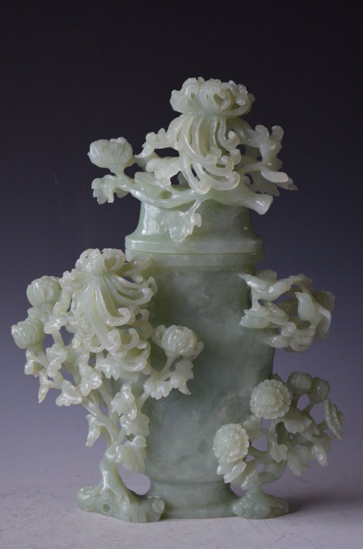 Chinese Carved Celadon Jade Lidded Vase