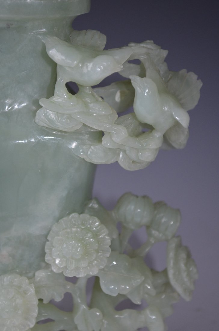 Chinese Carved Celadon Jade Lidded Vase - 4