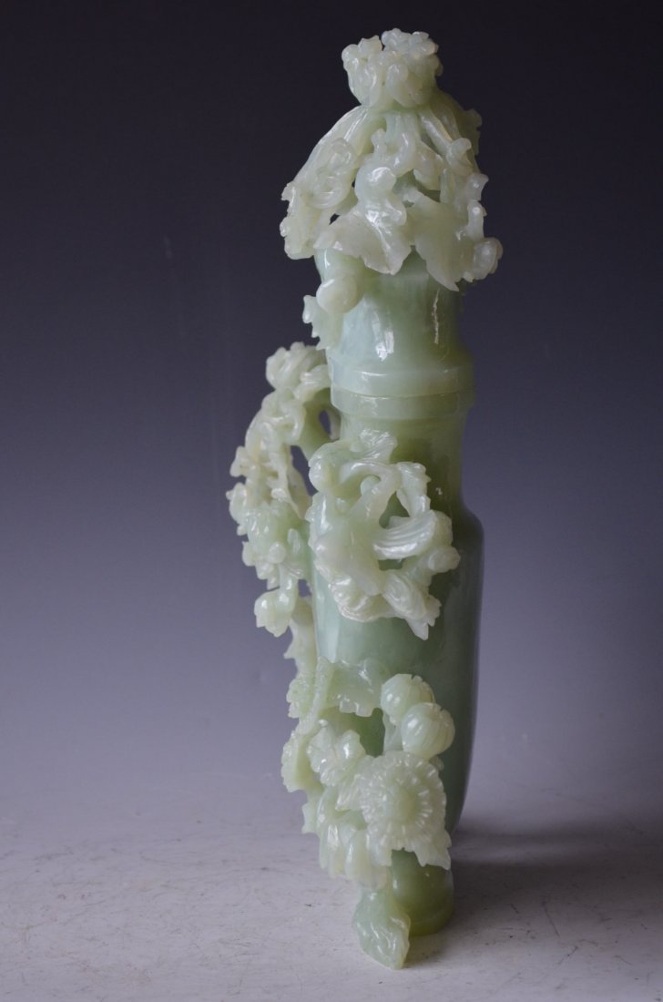 Chinese Carved Celadon Jade Lidded Vase - 6