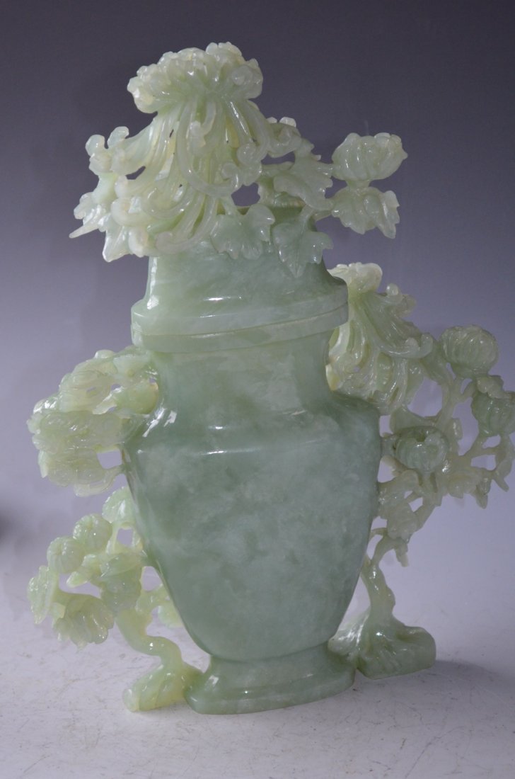 Chinese Carved Celadon Jade Lidded Vase - 8