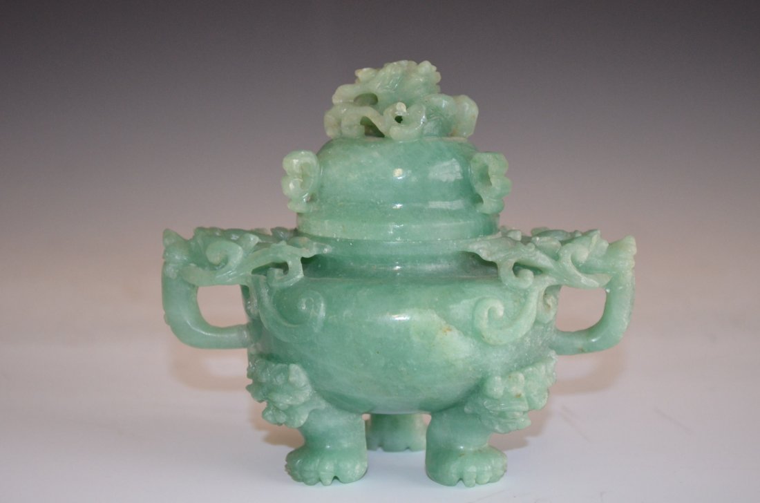 Chinese Carved Green Jade Lidded Censor