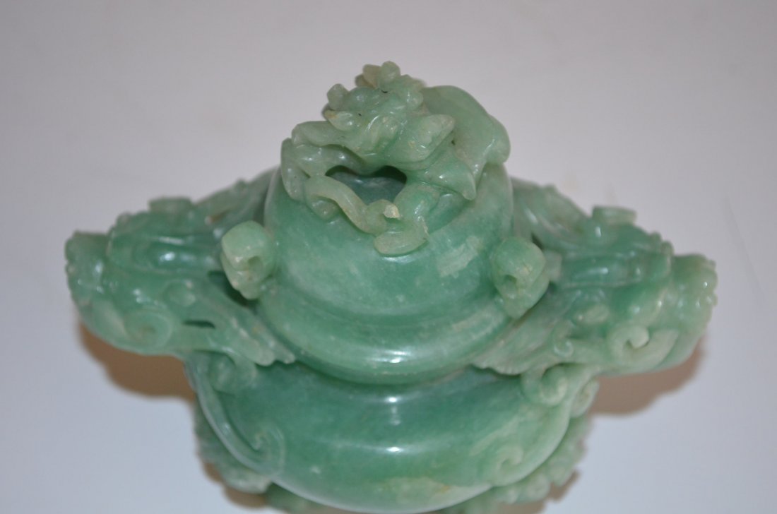 Chinese Carved Green Jade Lidded Censor - 3