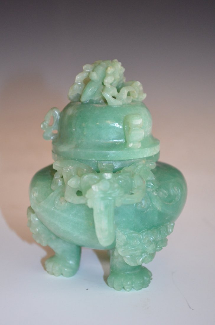 Chinese Carved Green Jade Lidded Censor - 4