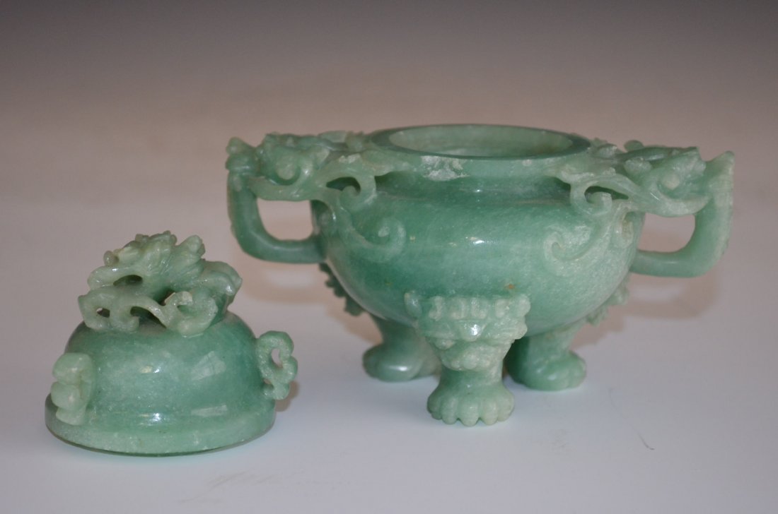 Chinese Carved Green Jade Lidded Censor - 5