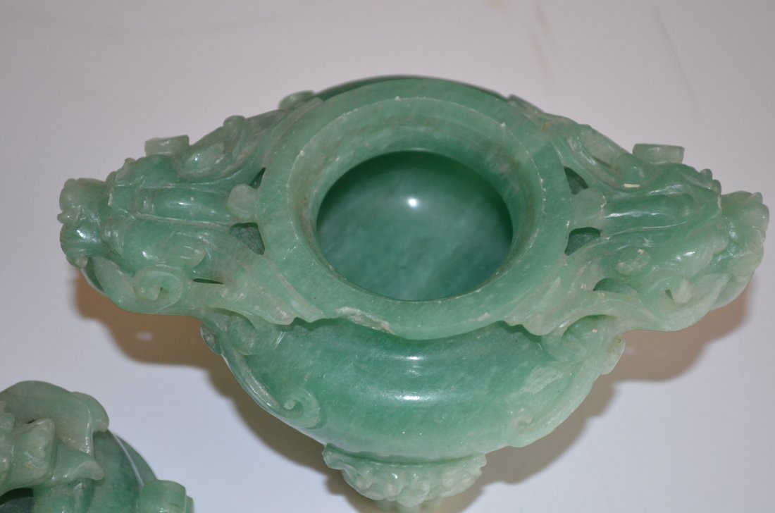 Chinese Carved Green Jade Lidded Censor - 6