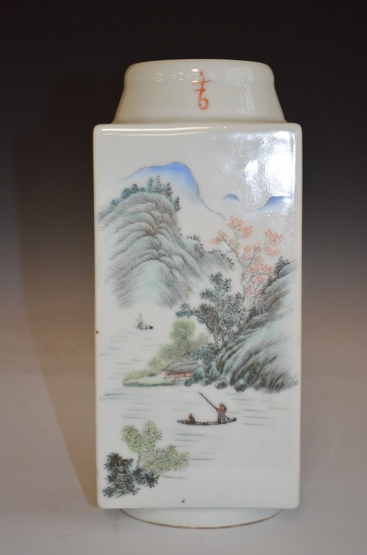 Famille Rose Porcelain Chinese Square Vase - 8