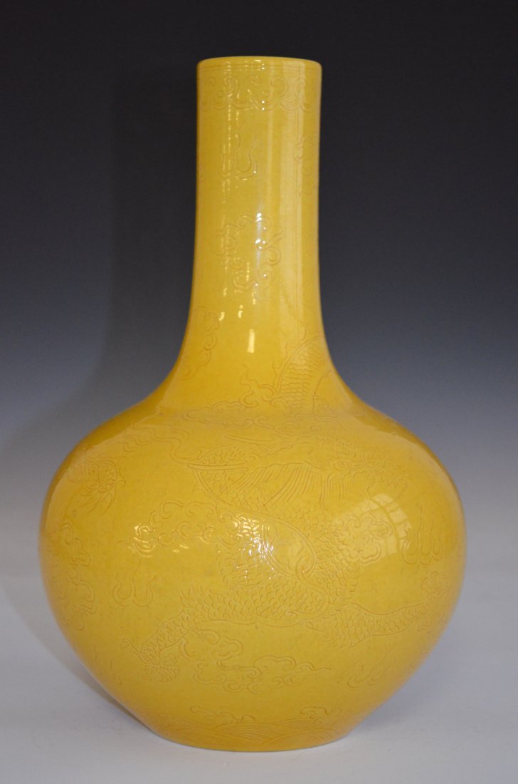 Chinese Yellow Glazed Porcelain Dragon Bottle Vase