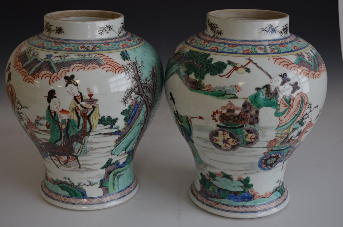Pair of Large Famille Verte Porcelain Chinese Vases