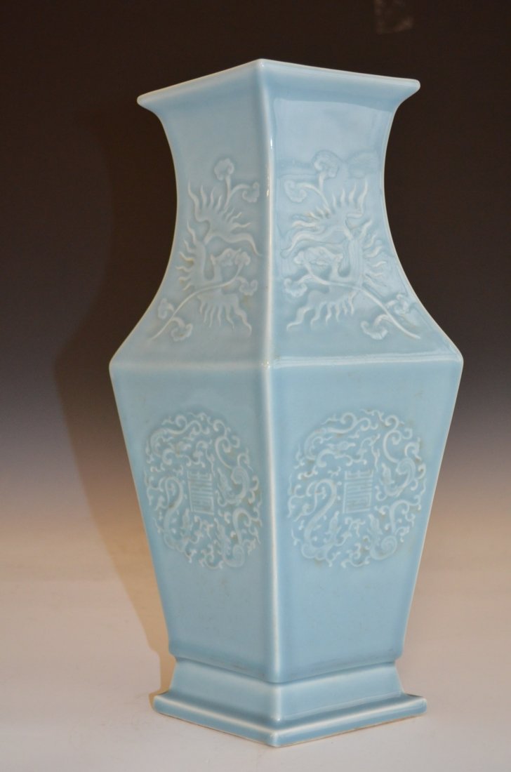 Large Pale Blue & White Glazed Chinese Square Vase