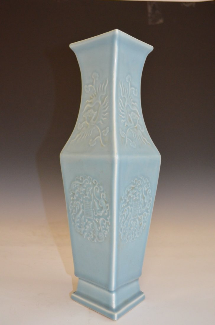 Large Pale Blue & White Glazed Chinese Square Vase - 3
