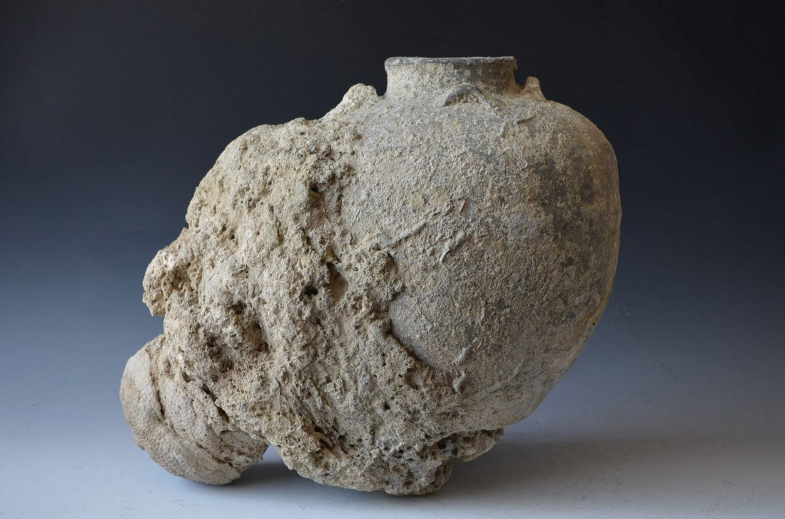 Ancient Roman/Greek Anphora Vase: Ancient Roman/Greek Amphora Vase with Heavy Calcification, H: 12 Inches