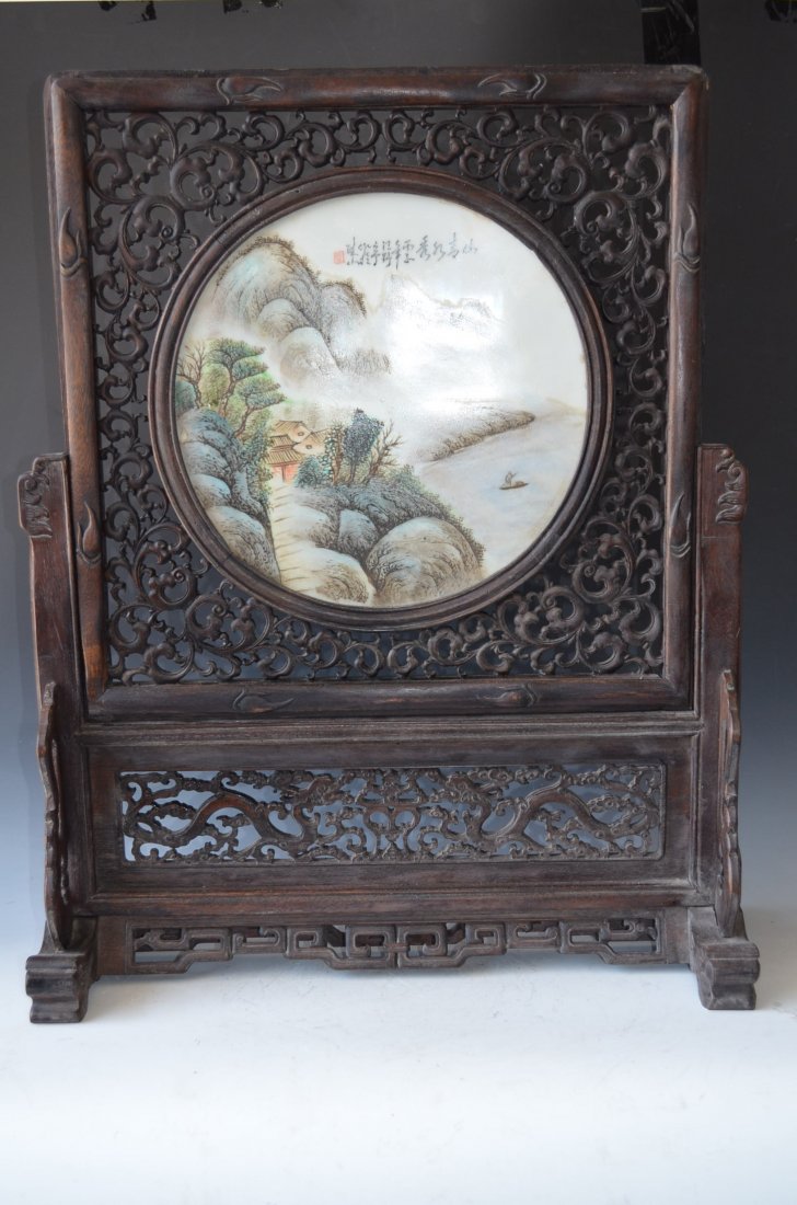 Chinese Carved Table Screen: Chinese Carved Hardwood and Porcelain Plaque Table Screen, H:25 Inches