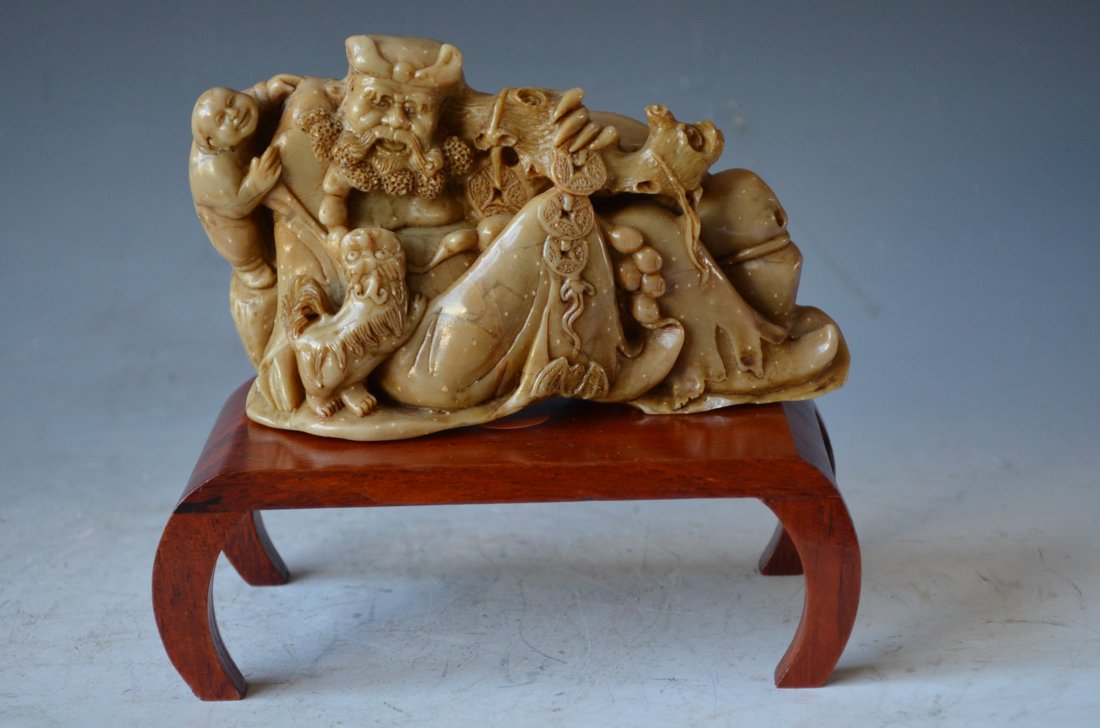 Carved Shoushan Stone of a Seated Money Lohan: Carved Shoushan Stone of a Seated Money Lohan with protector boy and chiling, H:6.5 Inches