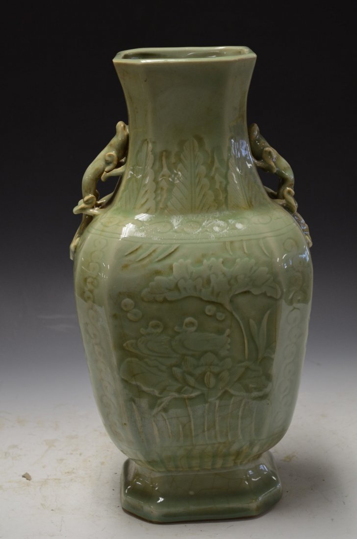 Chinese Celedon Glazed Porcelain Square Vase: Chinese Celedon Glazed Porcelain Square Vase, H:16 Inches