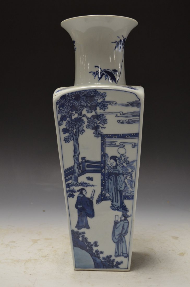 Chinese Blue and White Square Porcelain Vase: Chinese Blue and White Square Porcelain Vase with Various Courtyard Scenes H: 14"