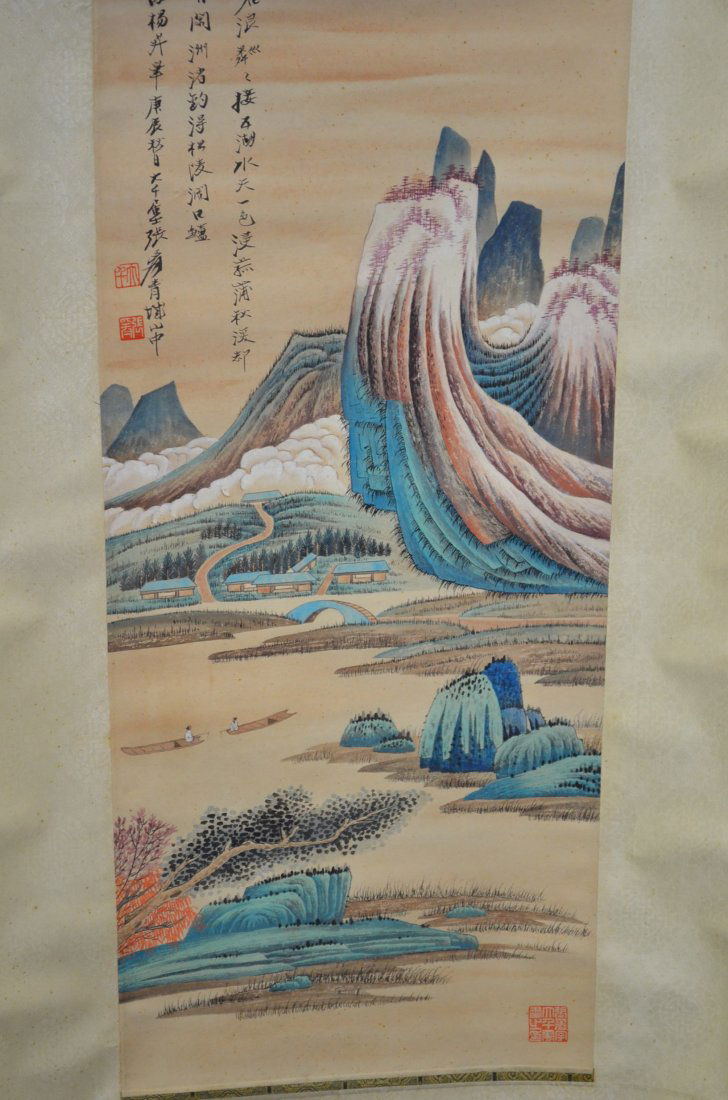 Chinese Scroll Painting of a Mountain and River: Chinese Scroll Painting of a Mountain and River Landscape with a Canoe, size: 12" x 29"