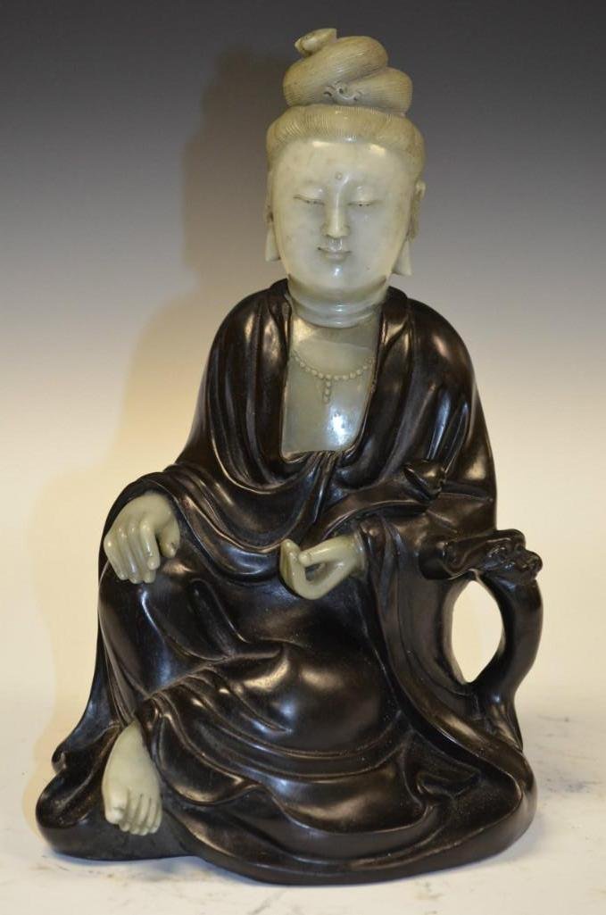 Signed Carved Zittan & Soapstone Quan Yin: Signed Carved Zittan & Soapstone Quan Yin Description: Signed Carved Zittan & Soapstone Quan Yin, H: 12 Inches