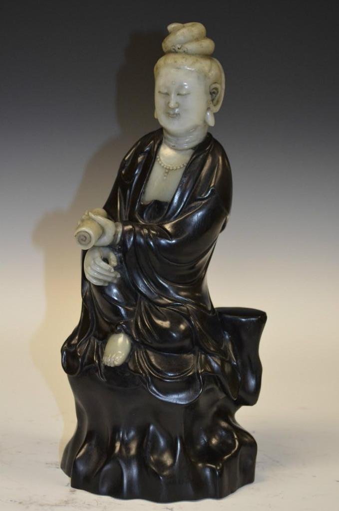 Signed Carved Zittan & Soapstone Quan Yin: Signed Carved Zittan & Soapstone Quan Yin Description: Signed Carved Zittan & Soapstone Quan Yin, H: 14.5 Inches