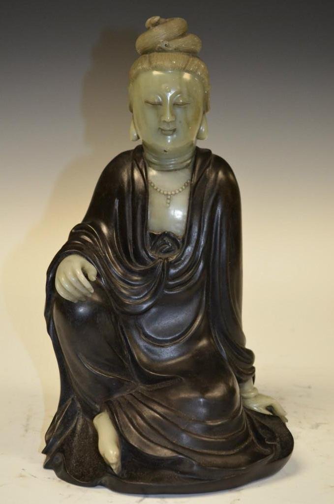 Carved & Signed Zittan & Soapstone Seated Quan Yin: Carved & Signed Zittan & Soapstone Seated Quan Yin Description: Carved & Signed Zittan & Soapstone Seated Quan Yin, H: 12 Inches
