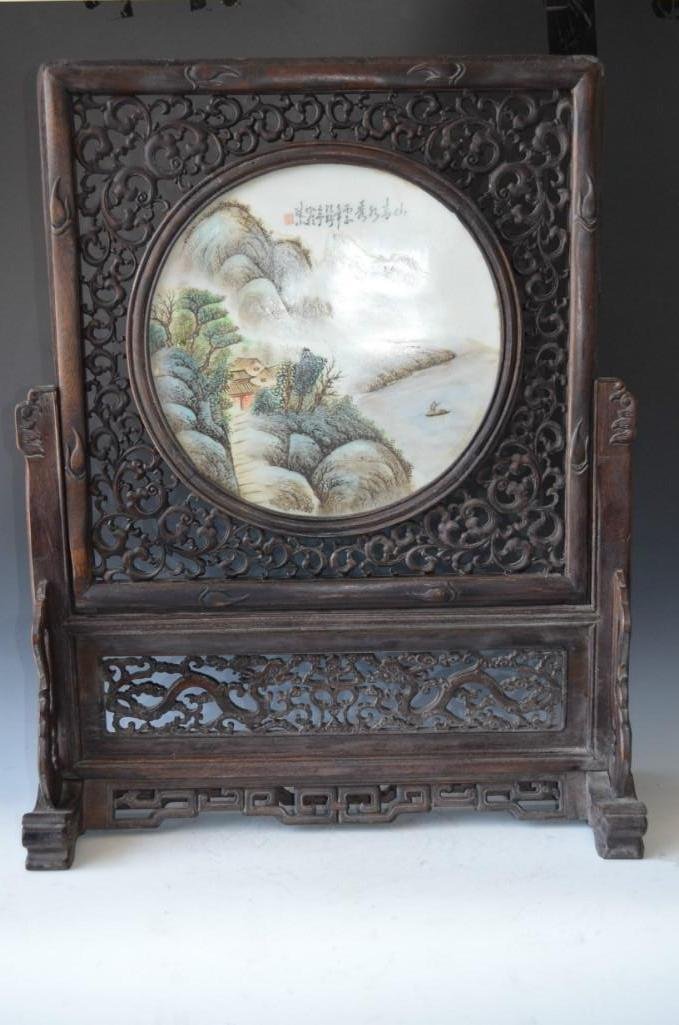 Chinese Famille Rose Porcelain Plaque Table Screen: Chinese Famille Rose Porcelain Plaque Table Screen. Size: 24 Inches by 36 Inches