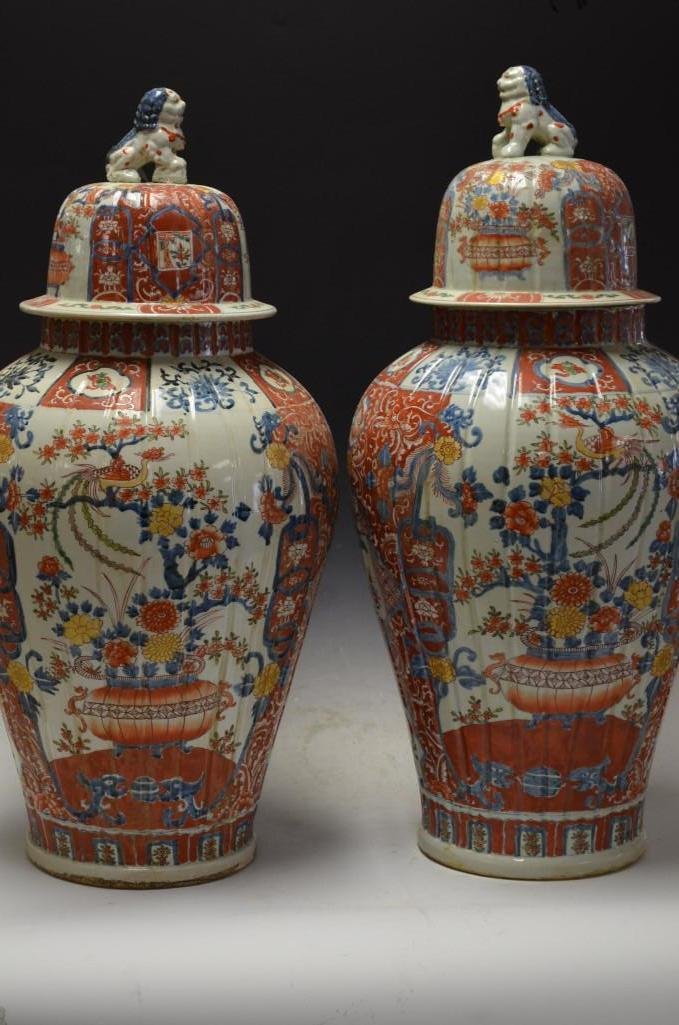 Pair of Large Antique Chinese Imari Porcelain Lidded Ja: Pair of Large Antique Chinese Imari Porcelain Lidded Jars, H: 30 Inches