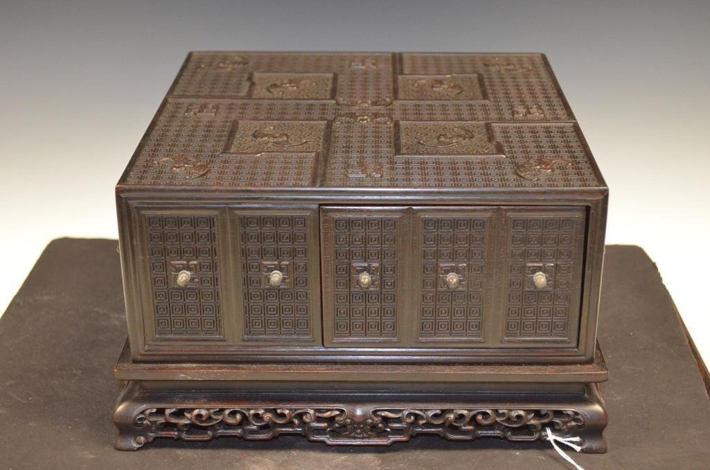 Chinese Carved Zitan Square Box: Chinese Carved Zitan Square Box With Various Designs & Bats Carved All Over The Top and Sides; 10 x 10 x 6 Inches