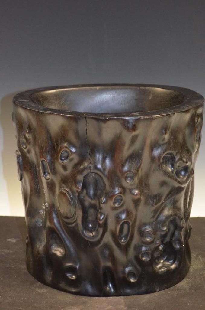 Carved Zitan Brush Pot Natural Wood Log Design: Carved Zitan Brush Pot Natural Wood Log Design; H: 9 Inches
