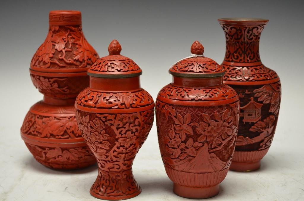 Four Various Cinnabar Items: Four Various Cinnabar Items: One Pair of Lidded Jars, One double Gourd, One Vase; H: 9.5 (Largest)