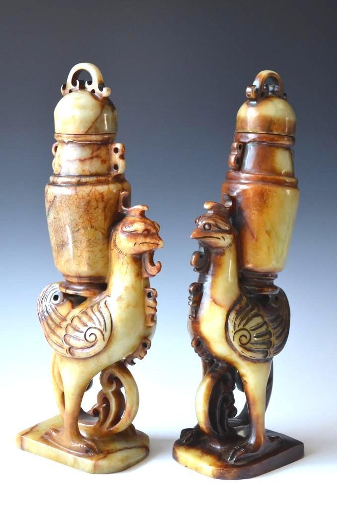 Pair of Chinese Carved Soapstone Lidded Vessels: Large Pair of Chinese Carved Soapstone Lidded Vessels in the form of Detailed Multicolored Phoenix Birds with Large Lidded Censors astride. H: 13 Inches 3,366 Grams