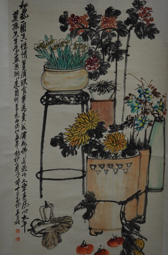 Chinese Scroll Floral Painting signed Woo Chang Shu: Chinese Scroll Painting of Flowers & Flowerpots,depicting a flower vase on a wood stand with further three floor standing flower pots, signed Woo Chang Shu, Size 26 x 53 inches