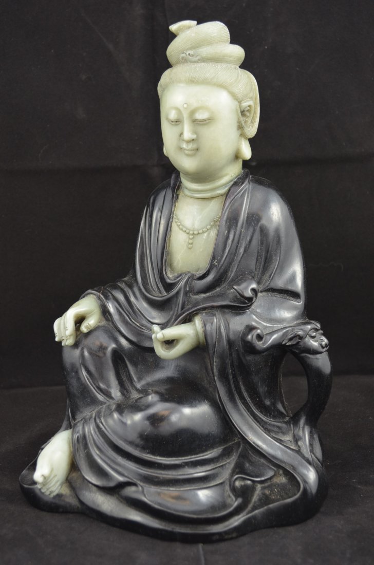 Carved Zitan/Hardwood and Soapstone Model of seated Qua: Carved Zitan/Hardwood and Soapstone Model of seated Quan Yin and Ruyi Scepter with some chinese Inscriptions on the Back. H: 11 1/2 Inches