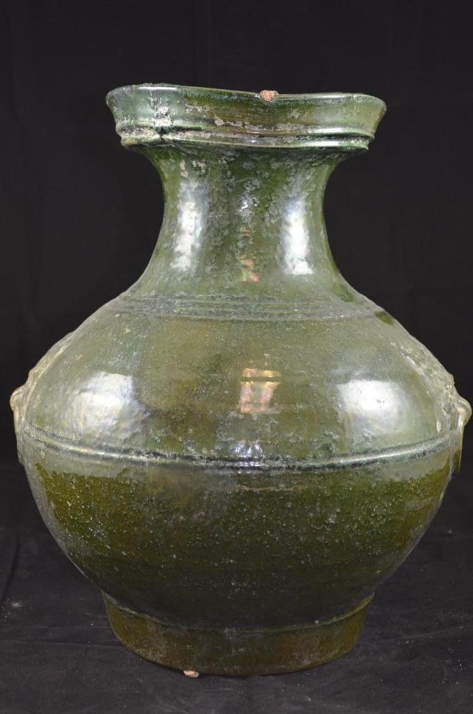 Chinese Han Dynasty Green Glazed Vase: Chinese Han Dynasty Green Glazed Vase with Foo Lion Mask Handles. H: 13 Inches