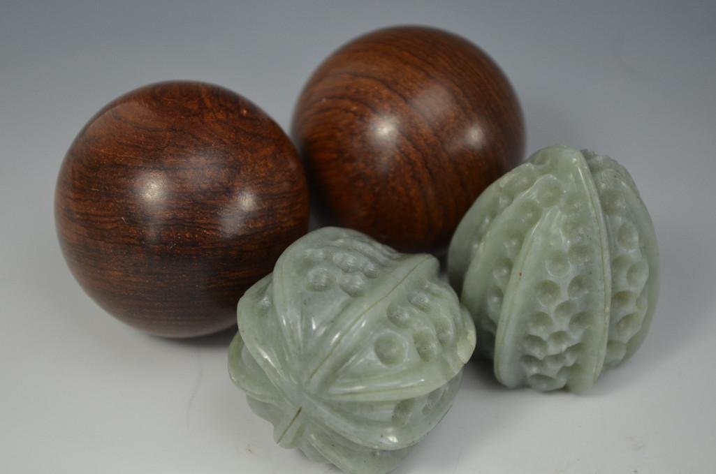 Four Various Chinese Items: Four Various Chinese Items; Two Jade Walnuts; Two Huanghuali Balls. Diameter: 2"