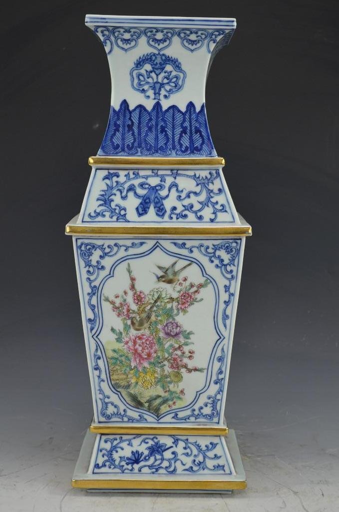 Chinese Famille Rose Porcelain Square Vase: Chinese Famille Rose Porcelain Square Vase; H: 16 Inhes