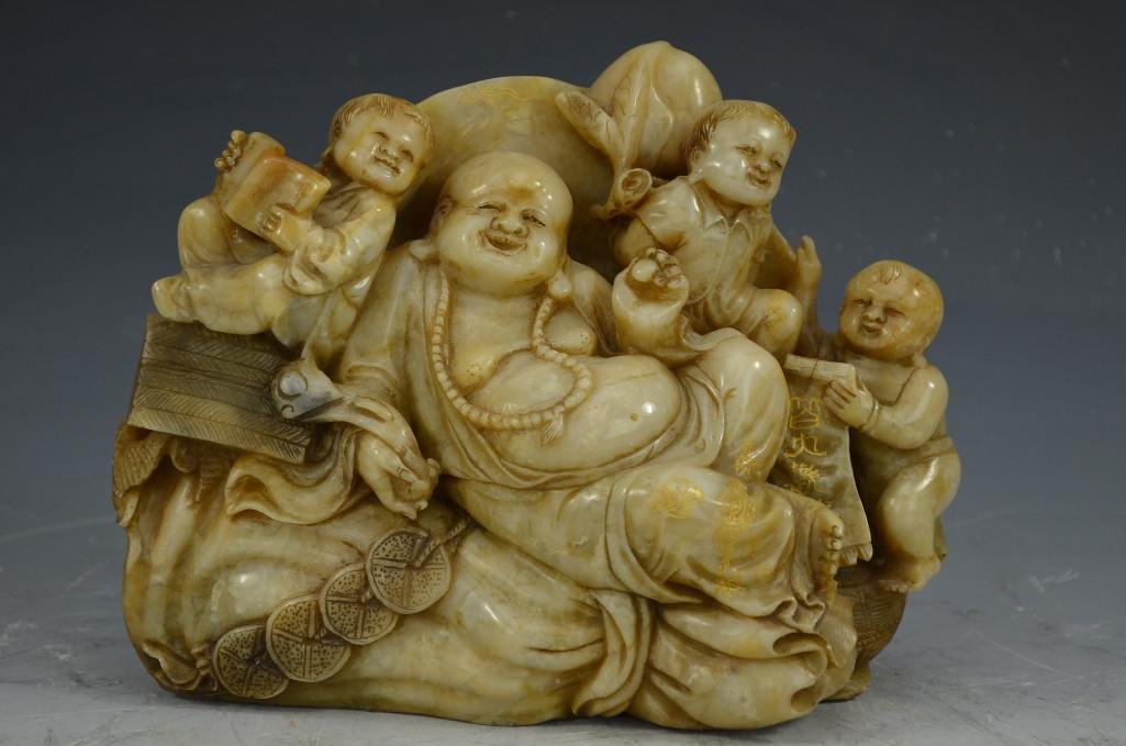 Carved Soapstone Model of Lohan with Protector Boys: Carved Soapstone Model of Lohan with Protector Boys; L: 7.5 Inches