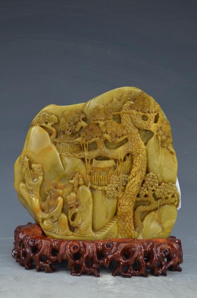 Chinese Carved Soapstone Mountain & Wood Base: Chinese Carved Soapstone Mountain & Matching Wood Base. H: 6 Inches