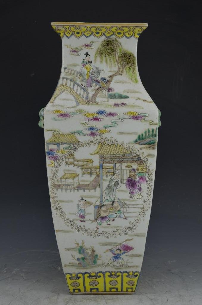 Chinese Famille Rose Porcelain Square Vase: Chinese Famille Rose Porcelain Square Vase; H: 15.5 Inches