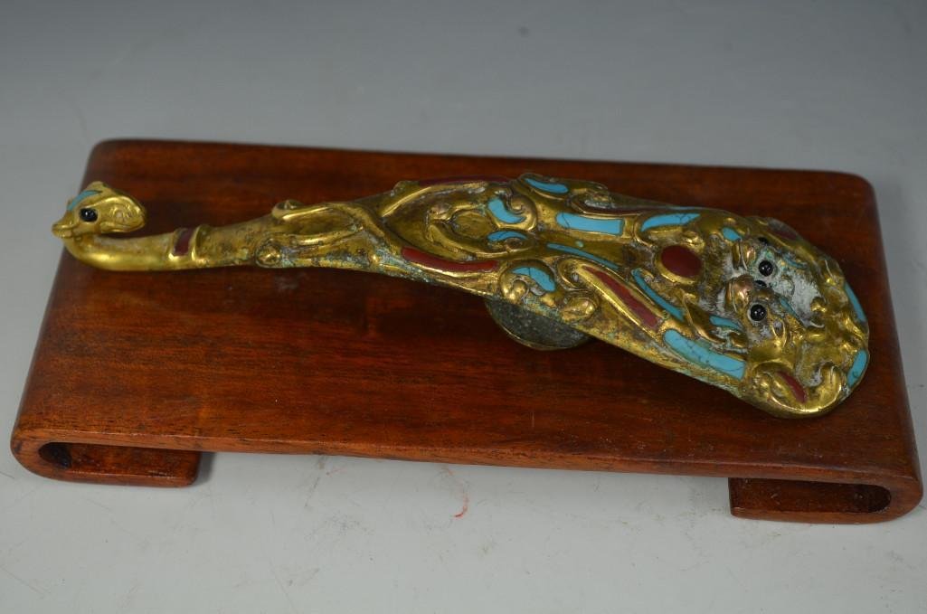 Chinese Bronze Applique Belt Hook & Hardwood Stand: Chinese Bronze Applique Belt Hook & Chinese Hardwood Stand. (Belt Hook) L: 6 Inches