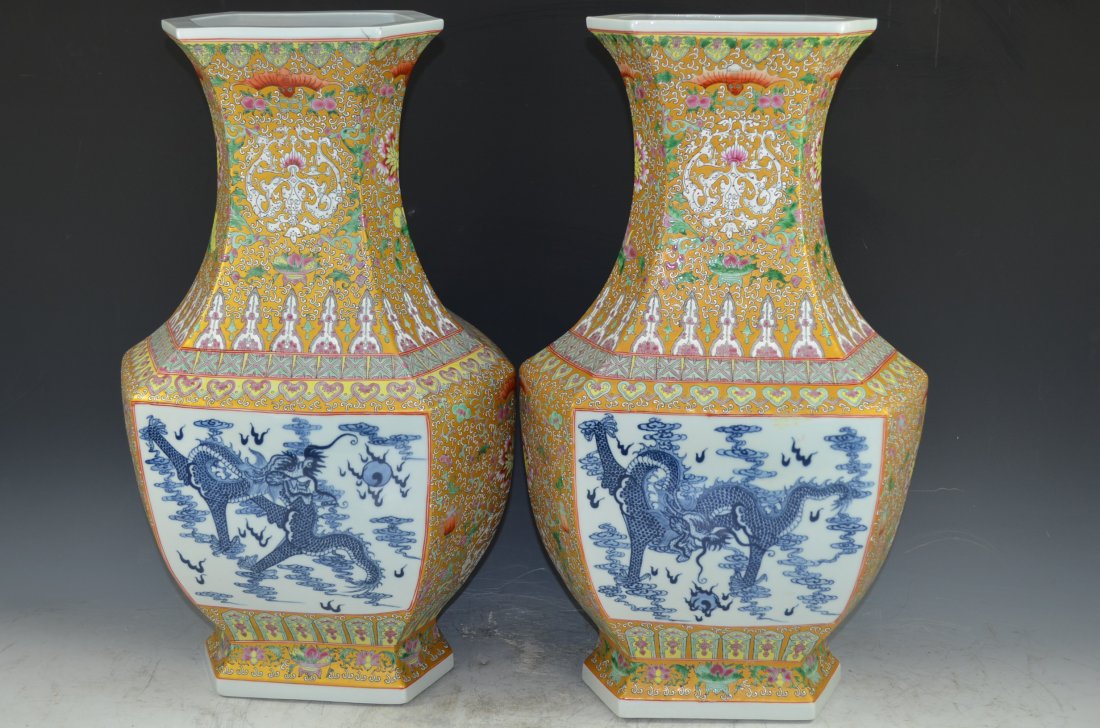 Pair of Pale Green & Blue Dragon Square Porcelain Vases: Pair of Large Chinese Pale Green & Blue Dragon Square Porcelain Vases with Blue Seal Mark on Base, H: 20 Inches