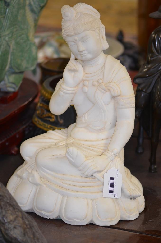 Chinese Carved White Marble Statue of Seated Quan Yin: Chinese Carved White Marble Statue of Seated Quan Yin, H: 19 Inches