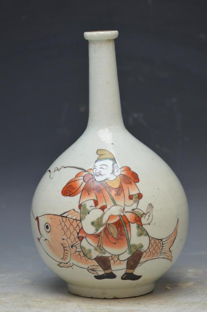 Antique Korean Enamel Painted Porcelain Bottle Vase: Antique Korean Enamel Painted Porcelain Bottle Vase, H: 10 Inches