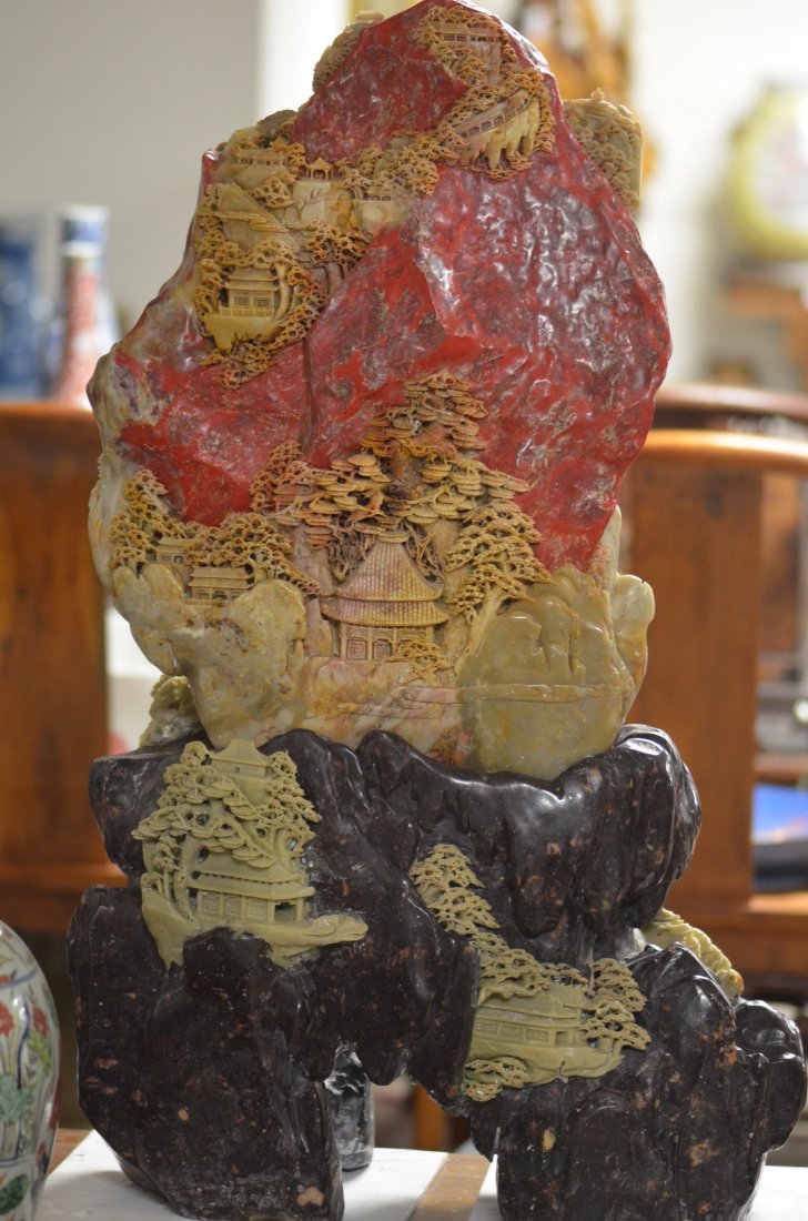 Large Magnificent Chinese Blood Red Soapstone Mountain: Large Magnificent Chinese Blood Red Soapstone Mountain on Matching Fitted Mountain Base, Masterful Use of Stone Colors to Depict A Detailed Signed Chinese Mountain Landscape. (with Base) Size: H: 37.8