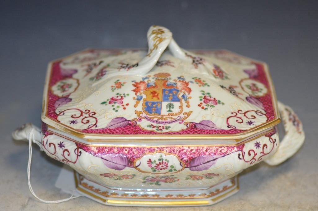 Chinese Export Famille Rose Porcelain "Armoral" Lidded: Chinese Export Famille Rose Porcelain "Armoral" Lidded Dish; D: 10 Inches