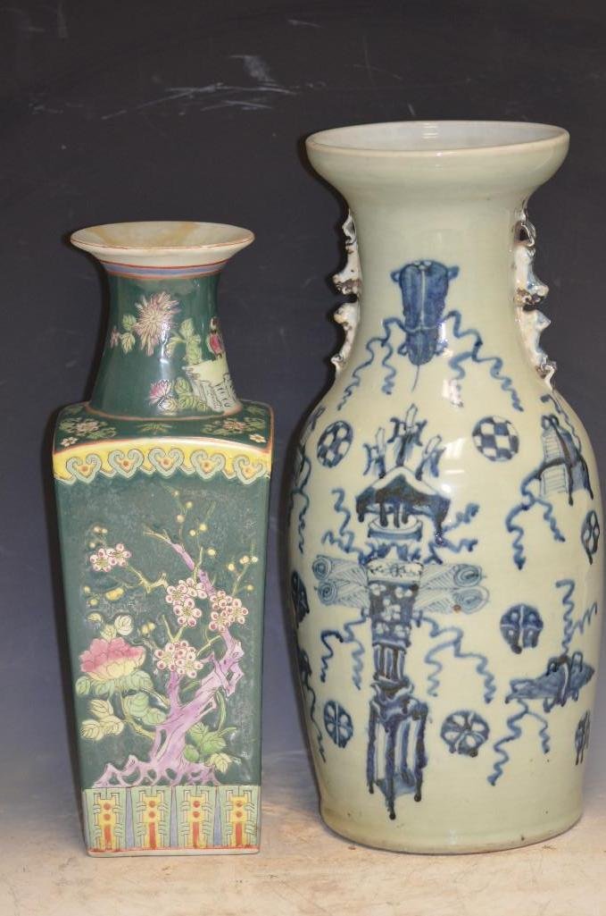 Two Chinese Porcelain Vases: Two Chinese Porcelain Vases: One Blue & White, One Green Ground Famille Verte; H: 17 Inches
