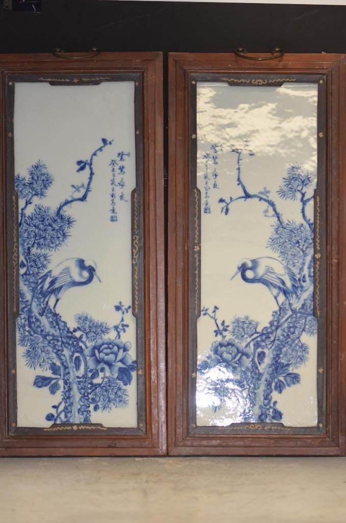 Pair of Blue & White Framed Wall Plaques: Pair of Blue & White Framed Wall Plaqes Underglaze Blue Depicts Cranes on Blossoming Prunus Tree Branches; Size: 25.5 x 11 Inches