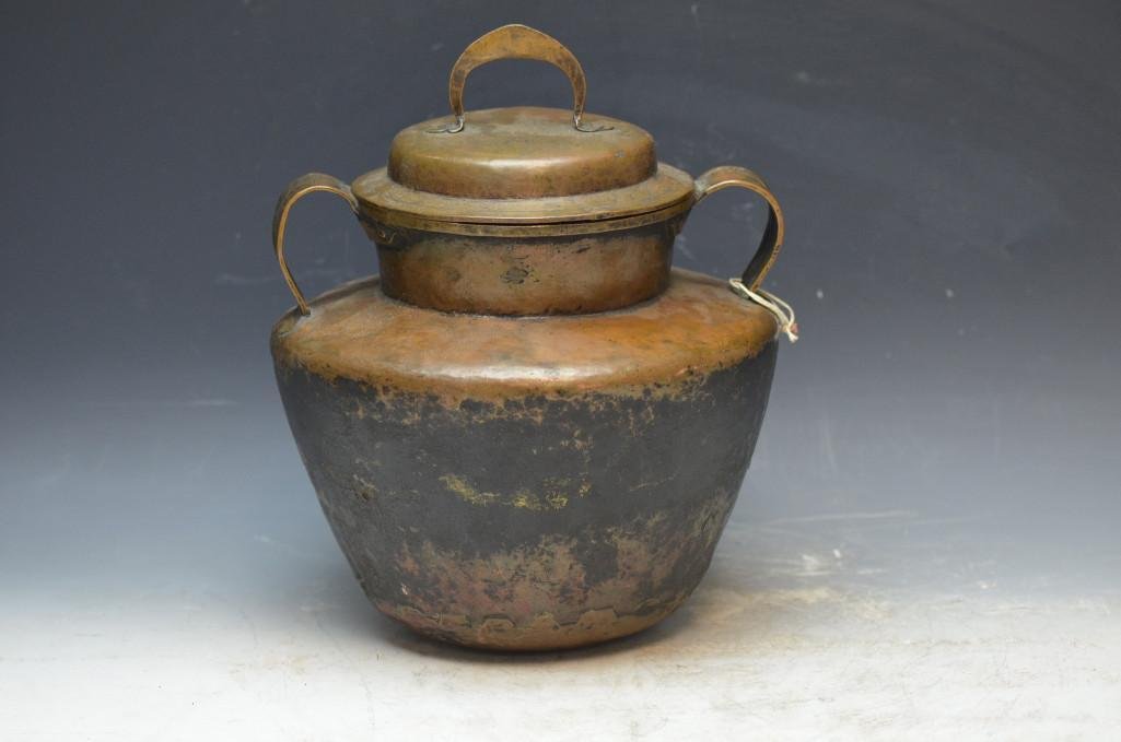 Antique Tibetan Copper Lidded Food Vessel & Stand: Antique Tibetan Copper Lidded Food Vessel & Stand. H: 13.8 Inches