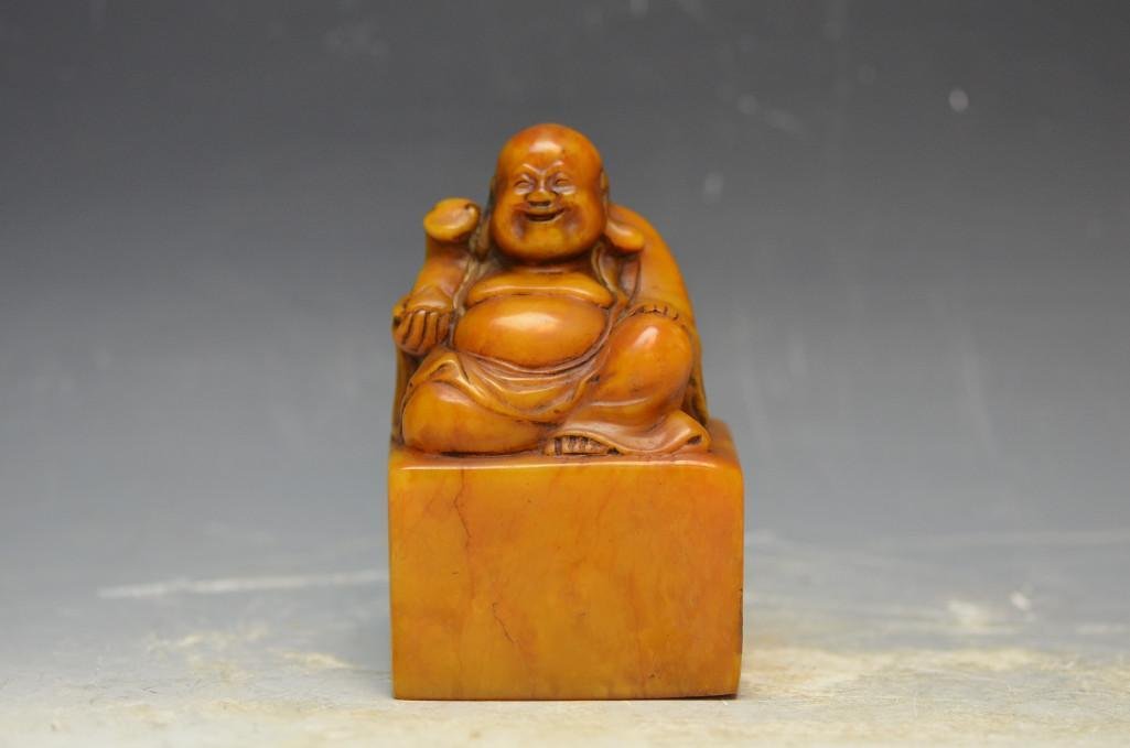 Carved Soapstone Happy Buddha Seal: Carved Soapstone Happy Buddha Seal. H: 5.3 Inches