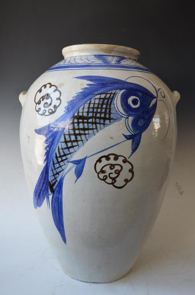 Large Antique Korean Blue and White Porcelain Vase: Large Antique Korean Blue and White Porcelain Vase, H: 24.5 Inches