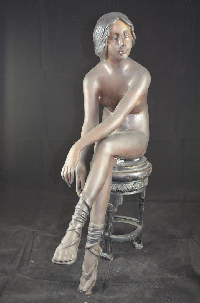 A Bronze Nude Lady Seated on a Stool signed and well: A Bronze Nude Lady Seated on a Stool signed and well cast. H: 20 Inches