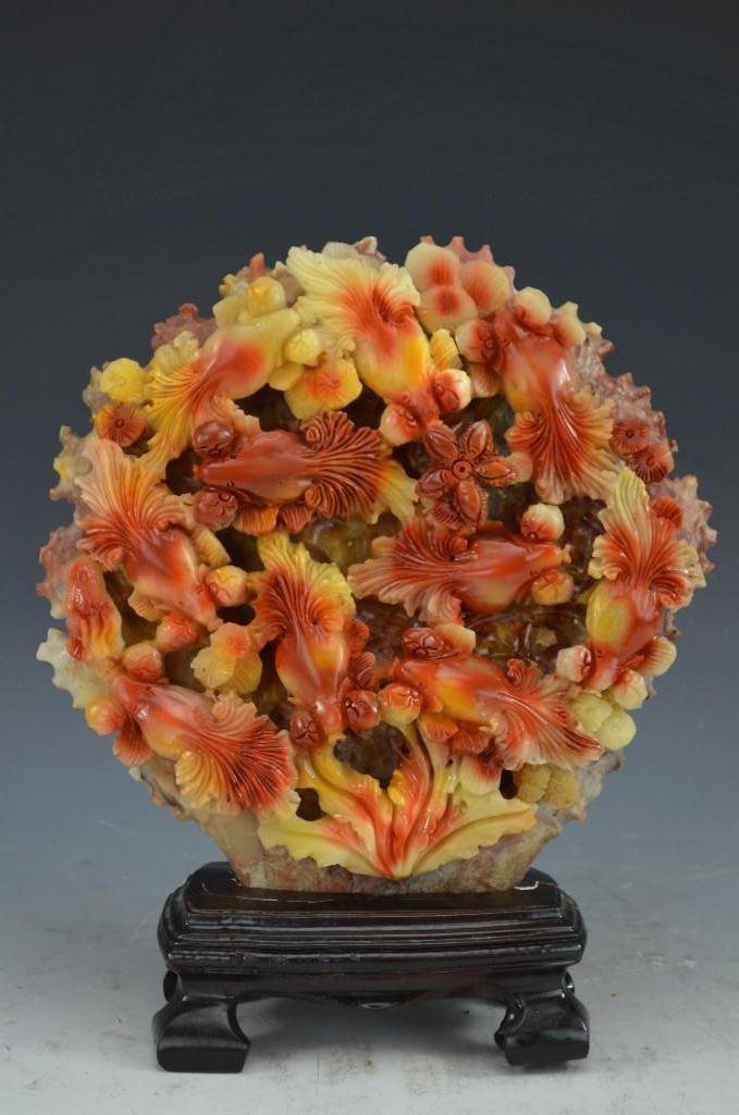 Carved Soapstone on Wood Stand: Carved Soapstone on Wood Stand, H: 8 Inches